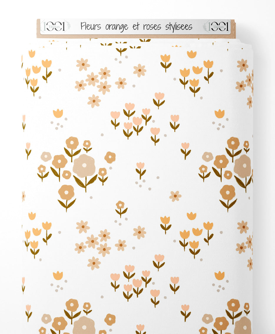 Tissu - Fleurs orange et roses stylisées