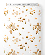 Tissu - Fleurs orange et roses stylisées