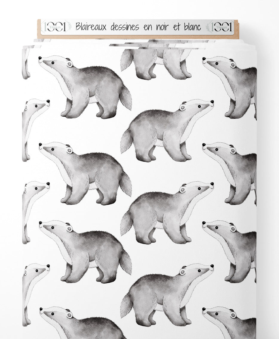 Tissu - Blaireaux dessinés en noir et blanc