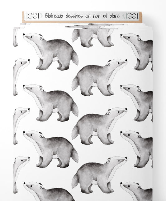 Tissu - Blaireaux dessinés en noir et blanc