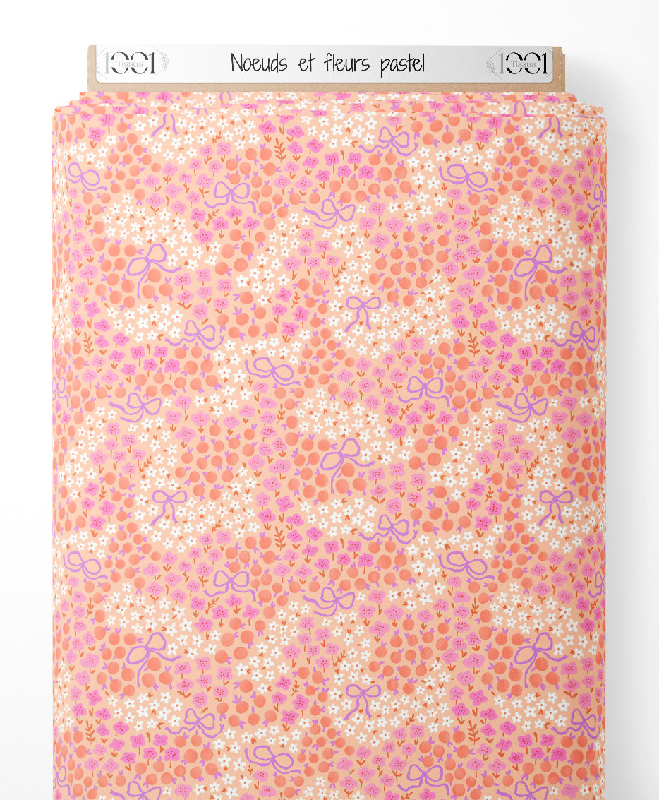 Tissu - Nœuds et fleurs pastel