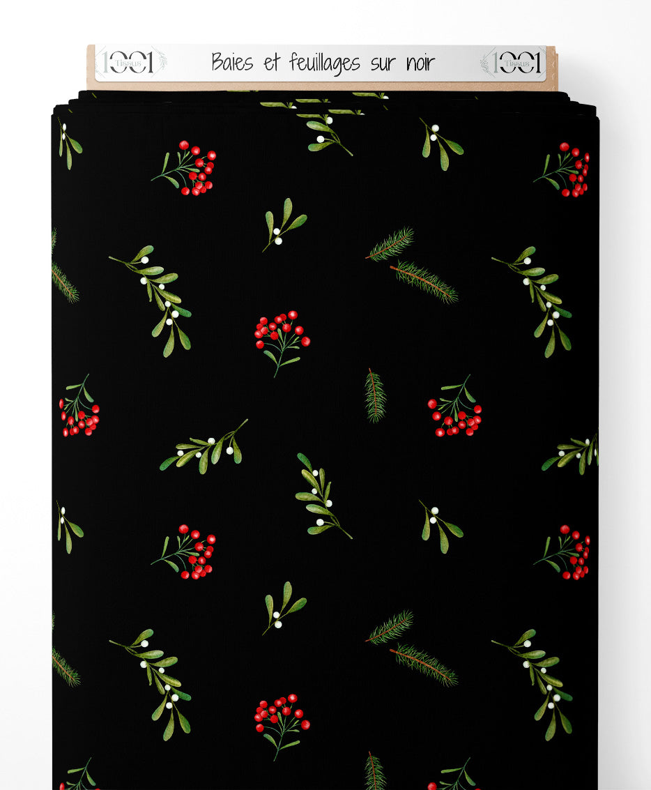Tissu - Baies et feuillages sur noir