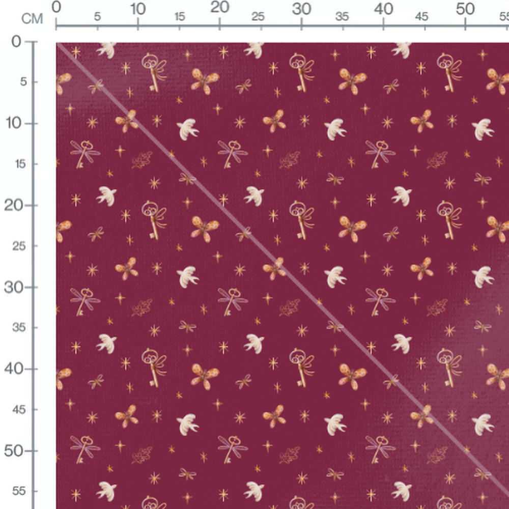Tissu - Clés et papillons sur bordeaux