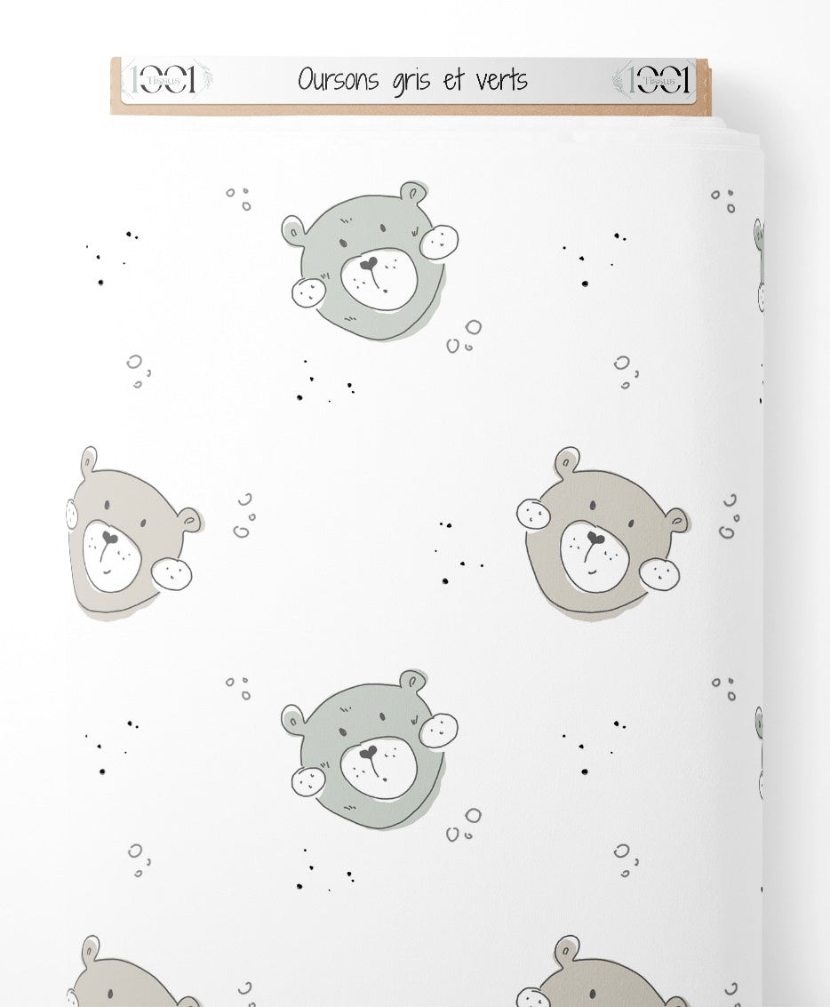 Tissu - Oursons gris et verts