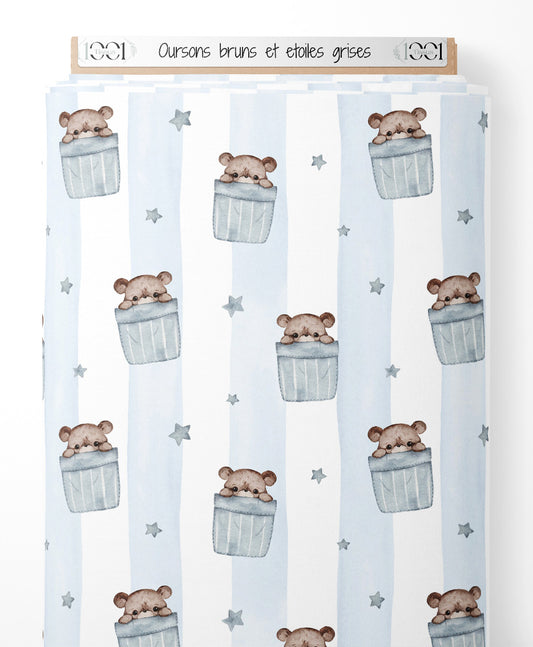 Tissu - Oursons bruns et étoiles grises