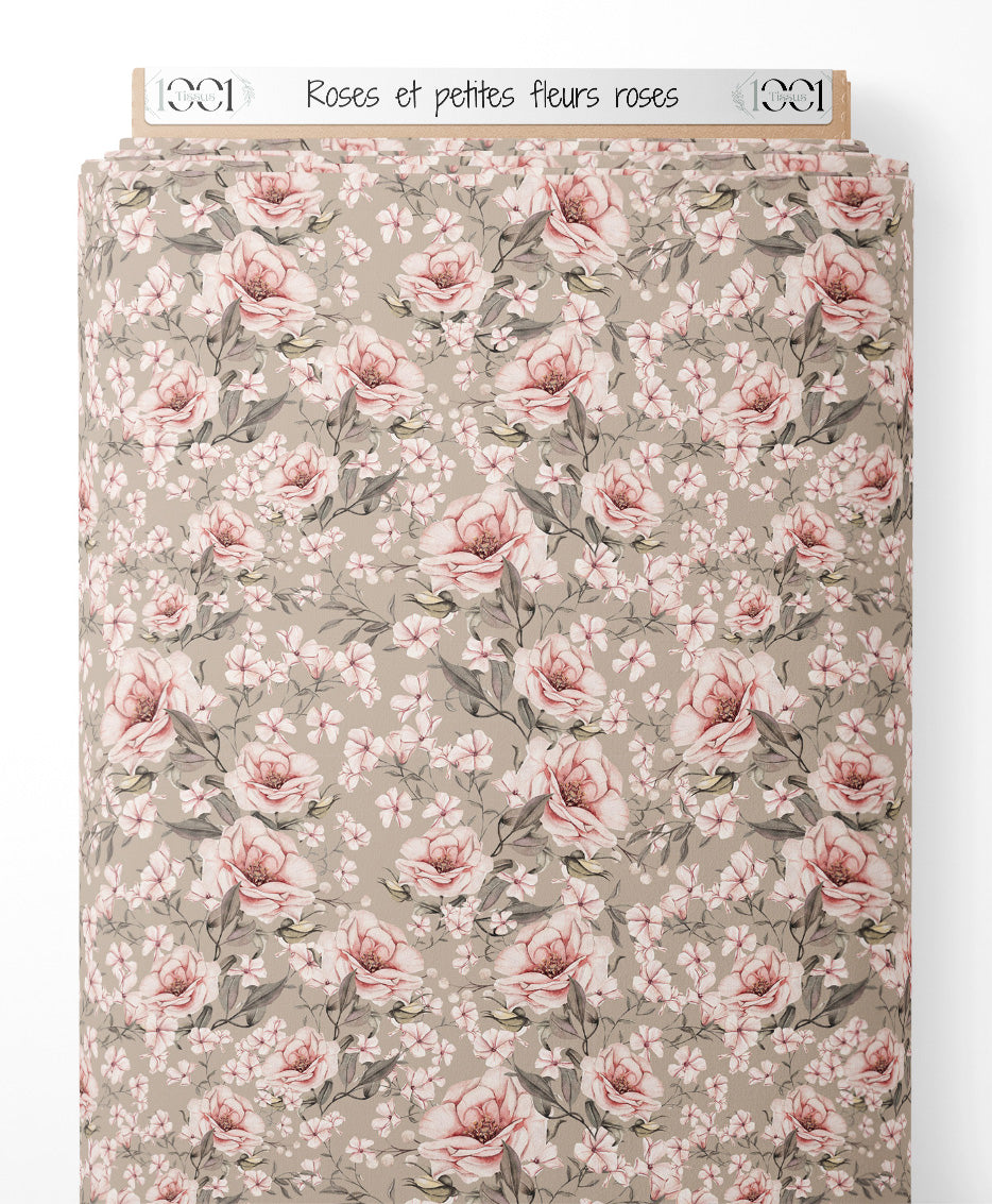 Tissu - Roses et petites fleurs roses