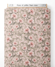 Tissu - Roses et petites fleurs roses