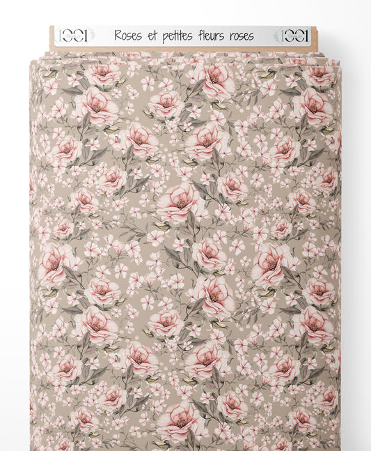 Tissu - Roses et petites fleurs roses