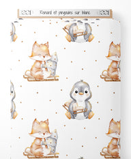 Tissu - Renard et pingouins sur blanc