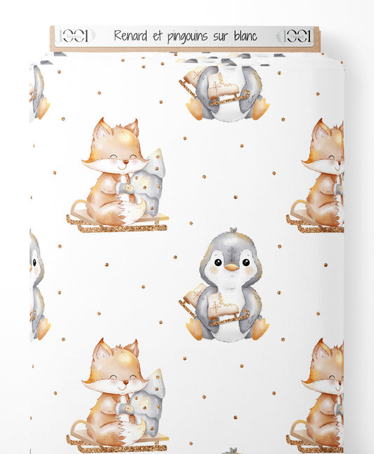 Tissu - Renard et pingouins sur blanc