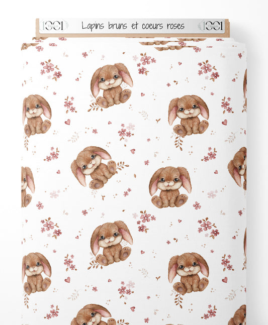 Tissu - Lapins bruns et cœurs roses