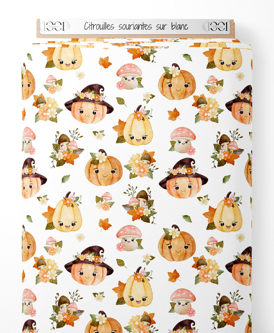 Tissu - Citrouilles souriantes sur blanc