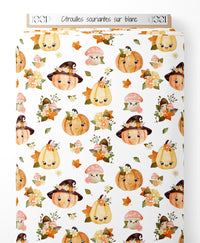Tissu - Citrouilles souriantes sur blanc