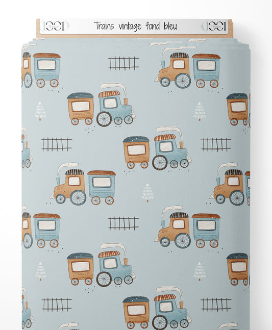 Tissu - Trains vintage sur fond bleu