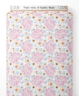 Tissu - Fleurs roses et touches bleues