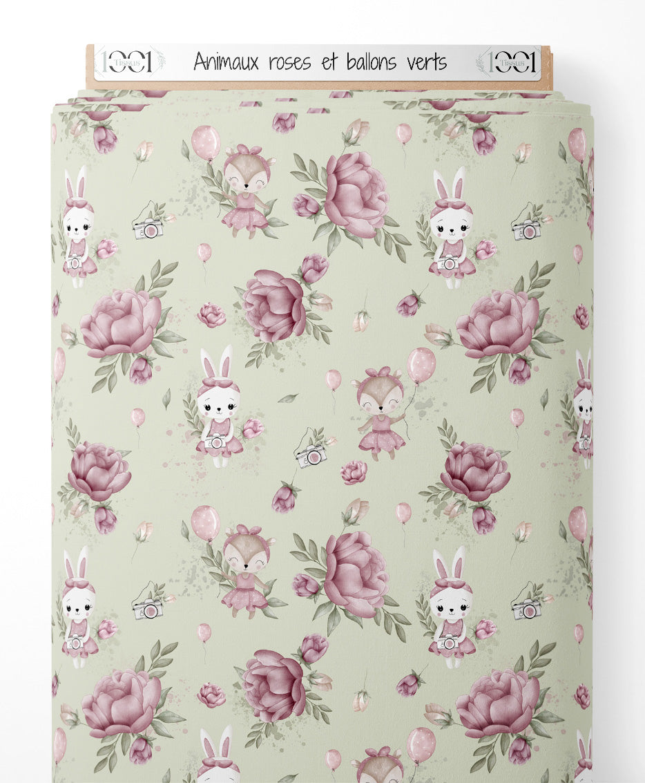Tissu - Animaux roses et ballons verts