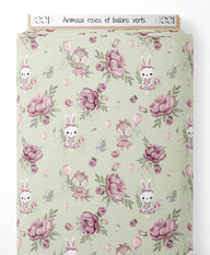 Tissu - Animaux roses et ballons verts