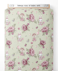 Tissu - Animaux roses et ballons verts