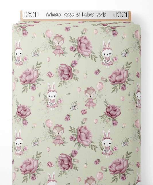 Tissu - Animaux roses et ballons verts