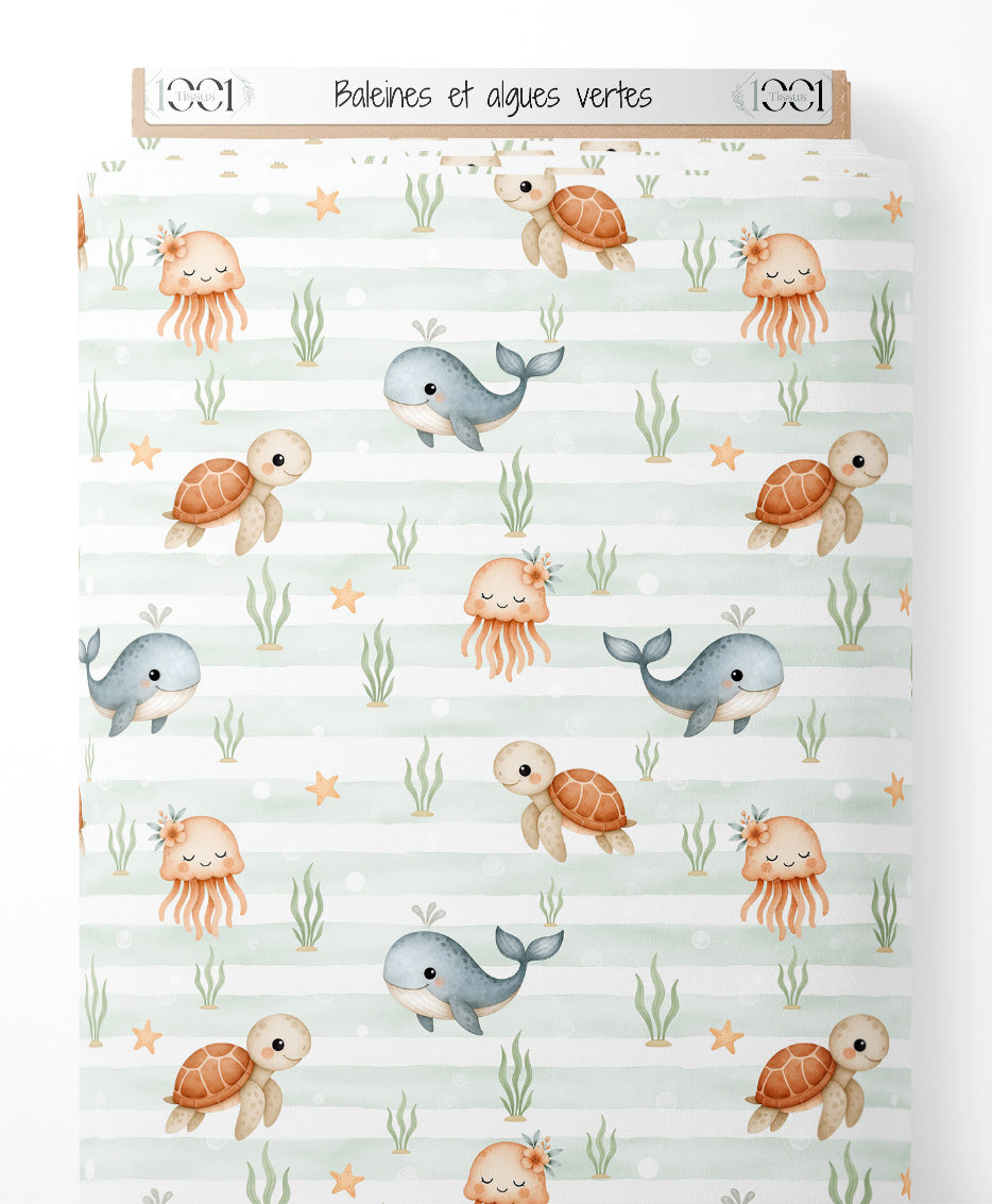 Tissu - Baleines et algues vertes