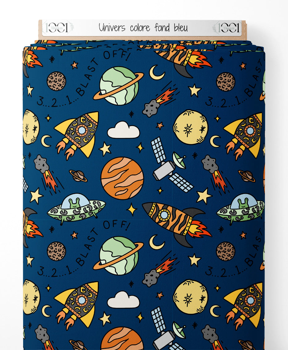 Tissu - Univers coloré sur fond bleu
