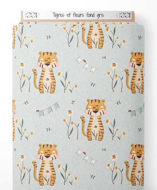 Tissu - Tigres et fleurs sur fond gris