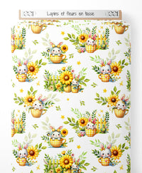 Tissu - Lapins et fleurs en tasse