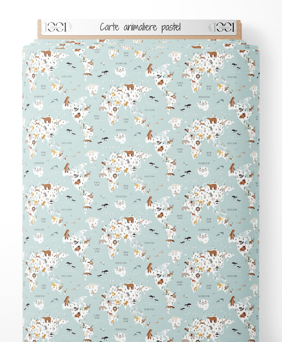 Tissu - Carte animalière pastel