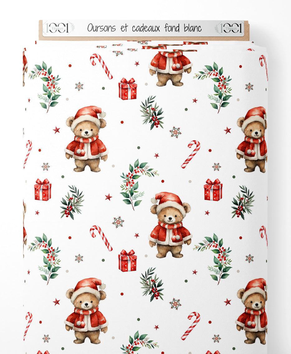 Tissu - Oursons et cadeaux sur fond blanc