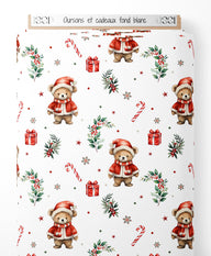 Tissu - Oursons et cadeaux sur fond blanc