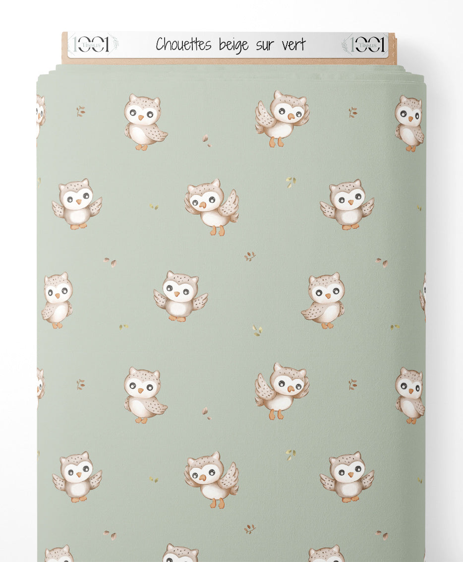 Tissu - Chouettes beige sur vert