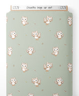 Tissu - Chouettes beige sur vert
