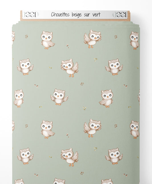Tissu - Chouettes beige sur vert