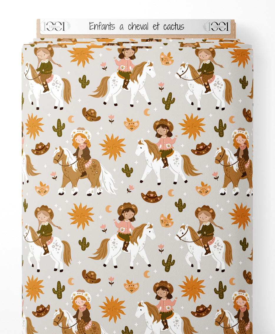 Tissu - Enfants à cheval et cactus