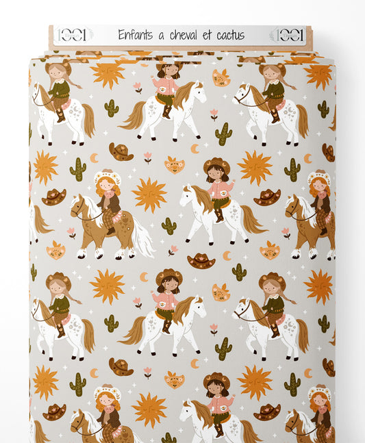 Tissu - Enfants à cheval et cactus