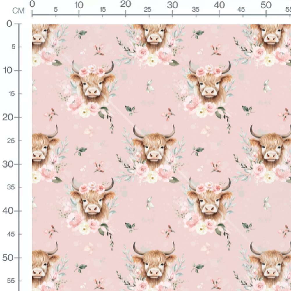 Tissu - Vaches et fleurs roses