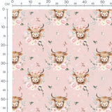 Tissu - Vaches et fleurs roses