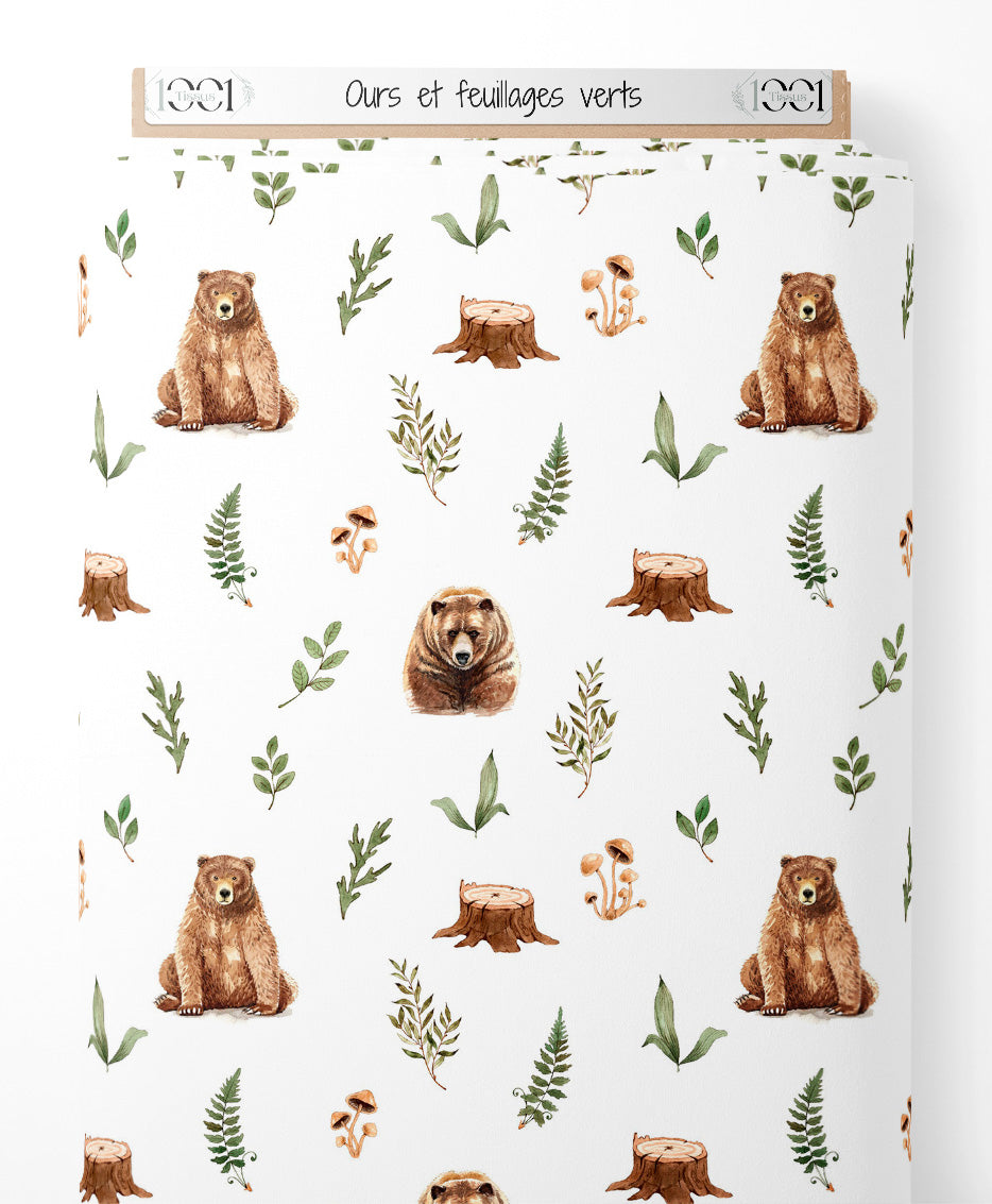 Tissu - Ours et feuillages verts