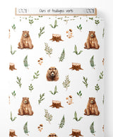 Tissu - Ours et feuillages verts