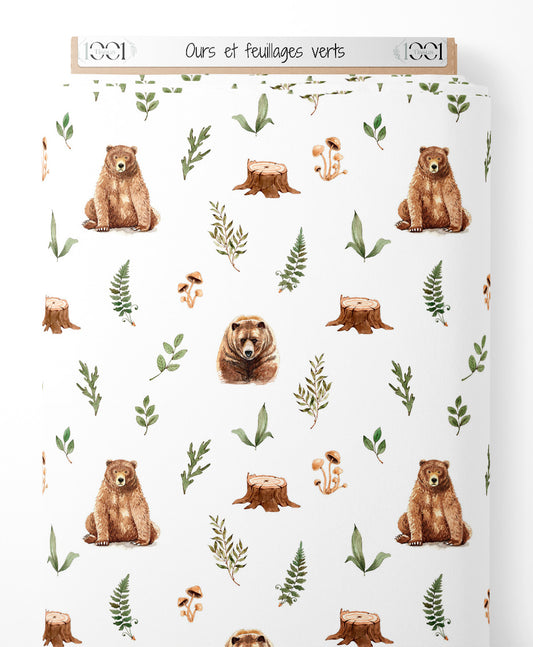 Tissu - Ours et feuillages verts