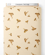 Tissu - Champignons sur fond beige