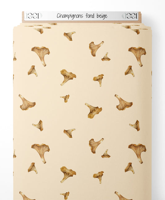 Tissu - Champignons sur fond beige