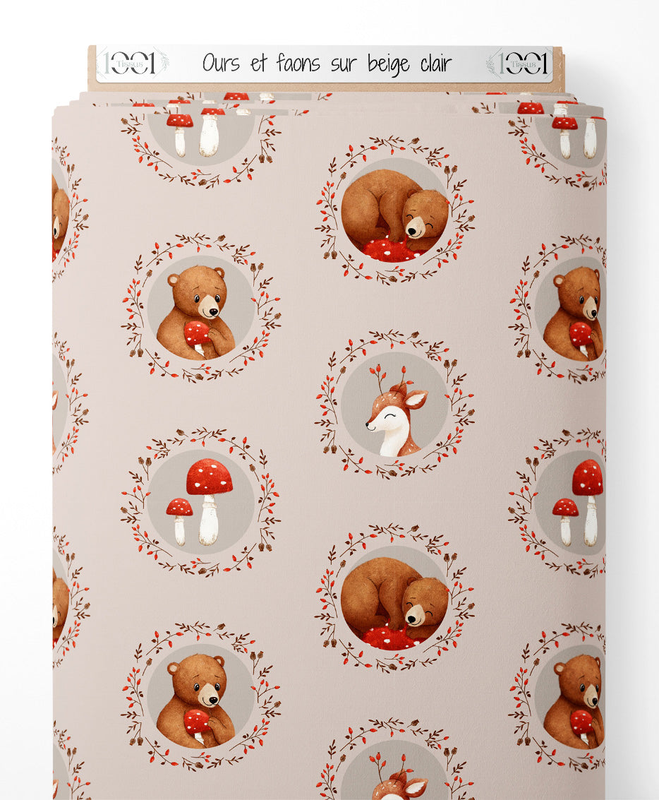 Tissu - Ours et faons sur beige clair