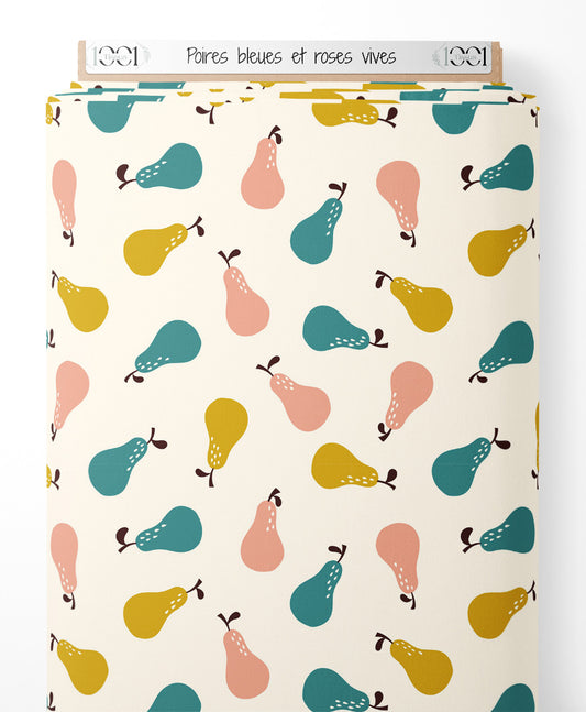 Tissu - Poires bleues et roses vives