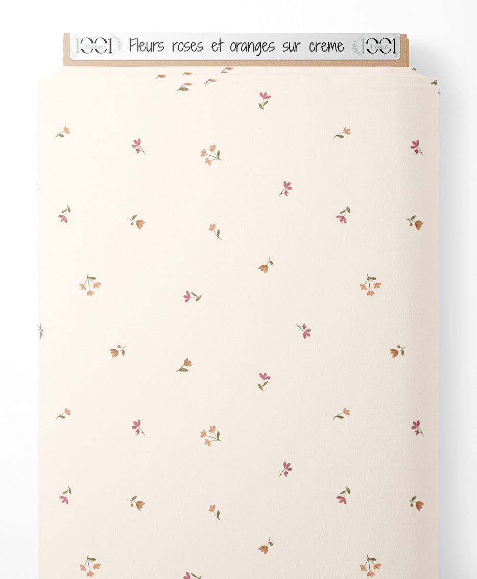 Tissu - Fleurs roses et oranges sur crème