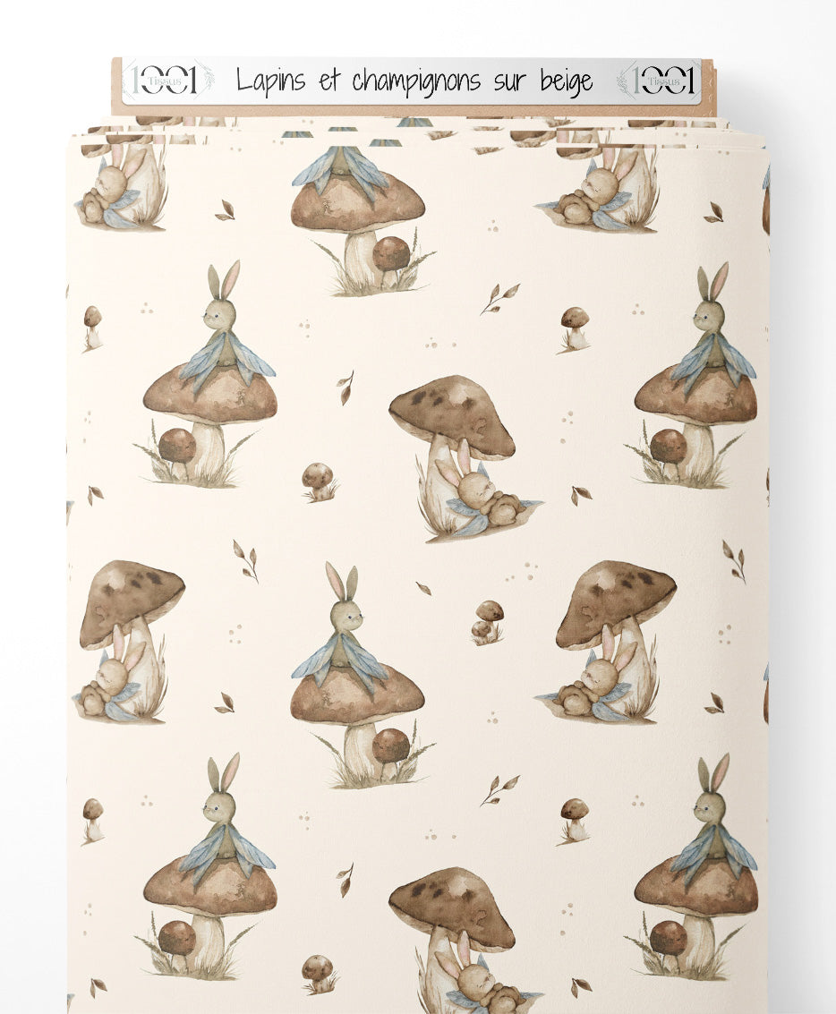 Tissu - Lapins et champignons sur beige