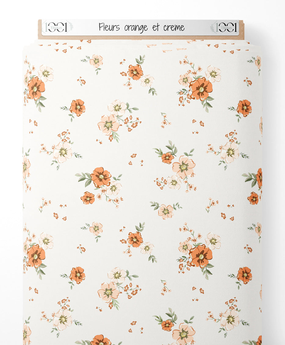 Tissu - Fleurs orange et crème