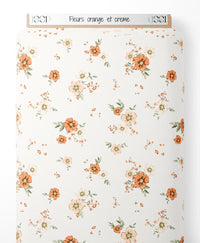 Tissu - Fleurs orange et crème