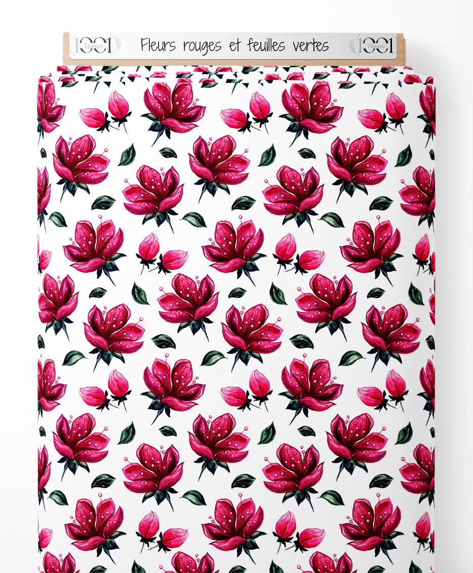 Tissu - Fleurs rouges et feuilles vertes