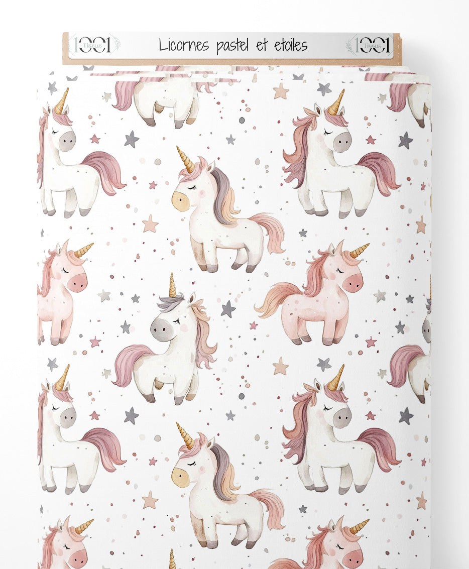 Tissu - Licornes pastel et étoiles